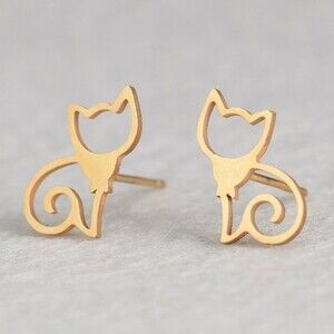 CAT Stud Earrings in GOLDTONE Stainless Steel   NEW! 644A3